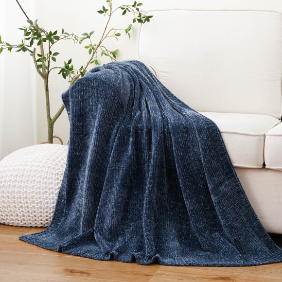 Battilo Navy Blue Throw Blanket Chenille Knit Throws for Couch Bed, Super Soft Decorative Farmhouse Cozy Sofa Blanket in Home (Navy, 51"x 67")