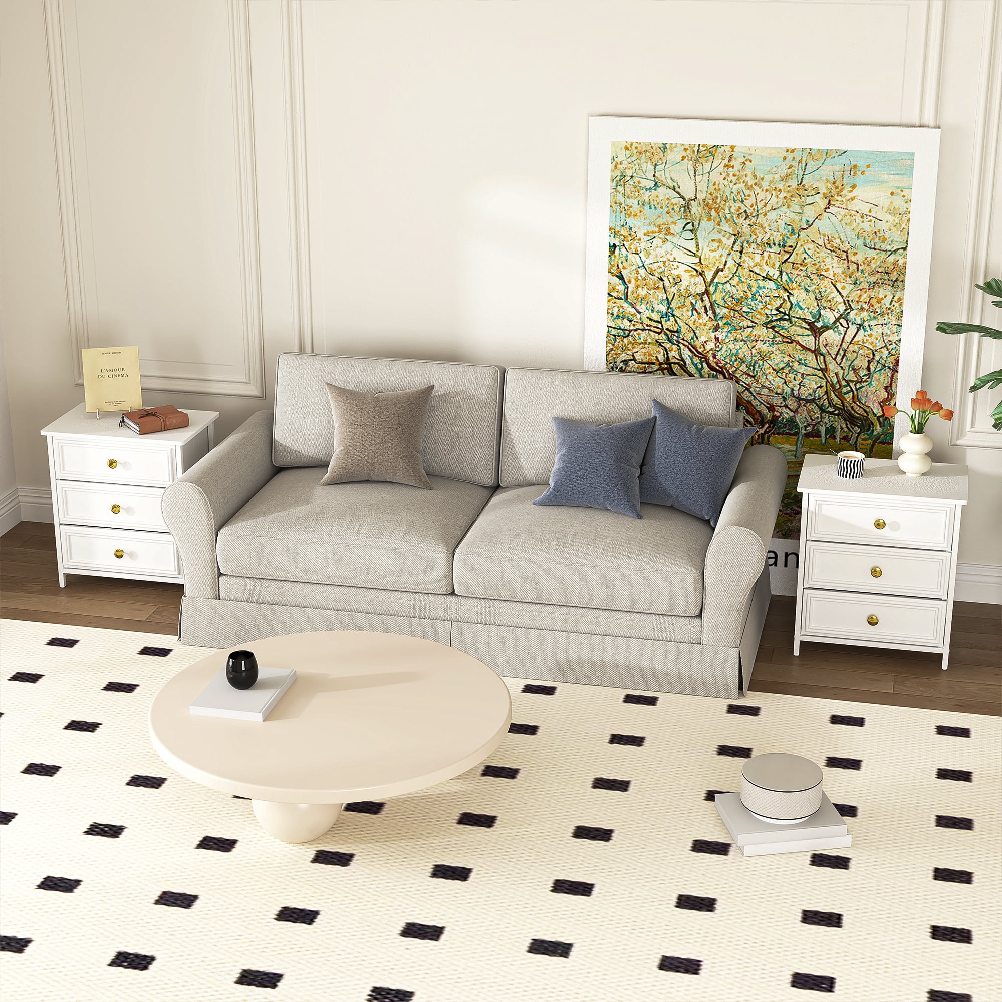 Demi Bonn Nightstand Set of 2, Bedside Table with 3 Decorated Drawers, Wood Accent Side End Table with Storage for Bedroom, Black, White