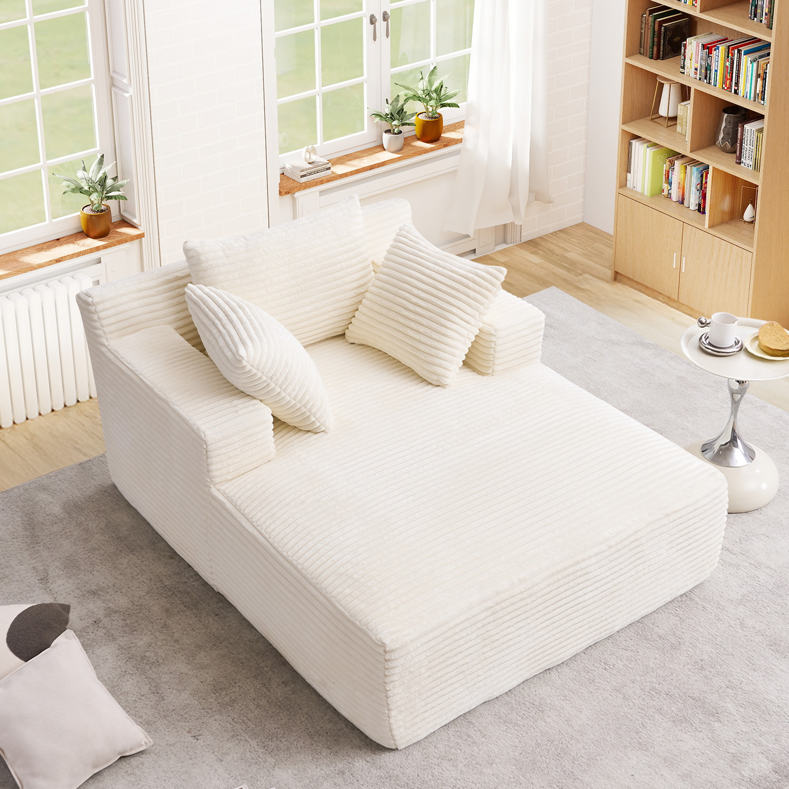 Lunale Chaise Lounge Indoor, Oversized Upholstered Lounge Chair, Plush Sleeper Sofa Bed, No Assembly Required, Beige Corduroy