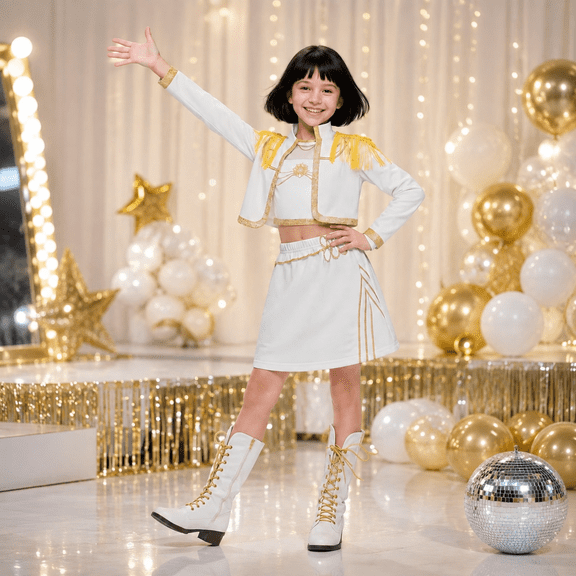 Halloween Costume Pop Star Stage Outfit Pop Idol White and Gold Long Sleeve Cropped Jacket Top and Skirt 3-Piece Set for Halloween Cosplay Dress Up