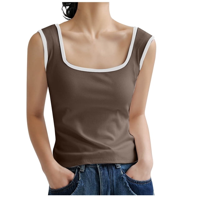 Besolor Womens Rib Tank Top Sleeveless Color Block Workout Top Square Neck Tank Shirts Basic Cami Tops for Summer