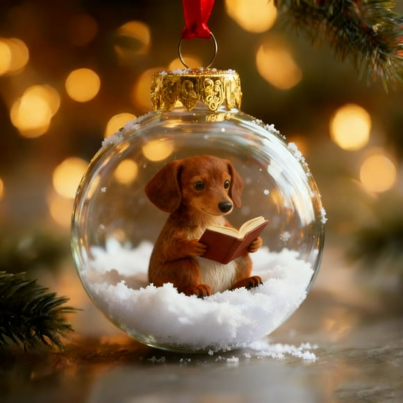 Adorno Navideño con Forma de Bola de Animales Del Bosque Leyendo | Decoración Duradera para Árbol de Navidad | Regalo Original para Amantes de Los Libros | Colgante de Perro con Nieve | Decoración Fe