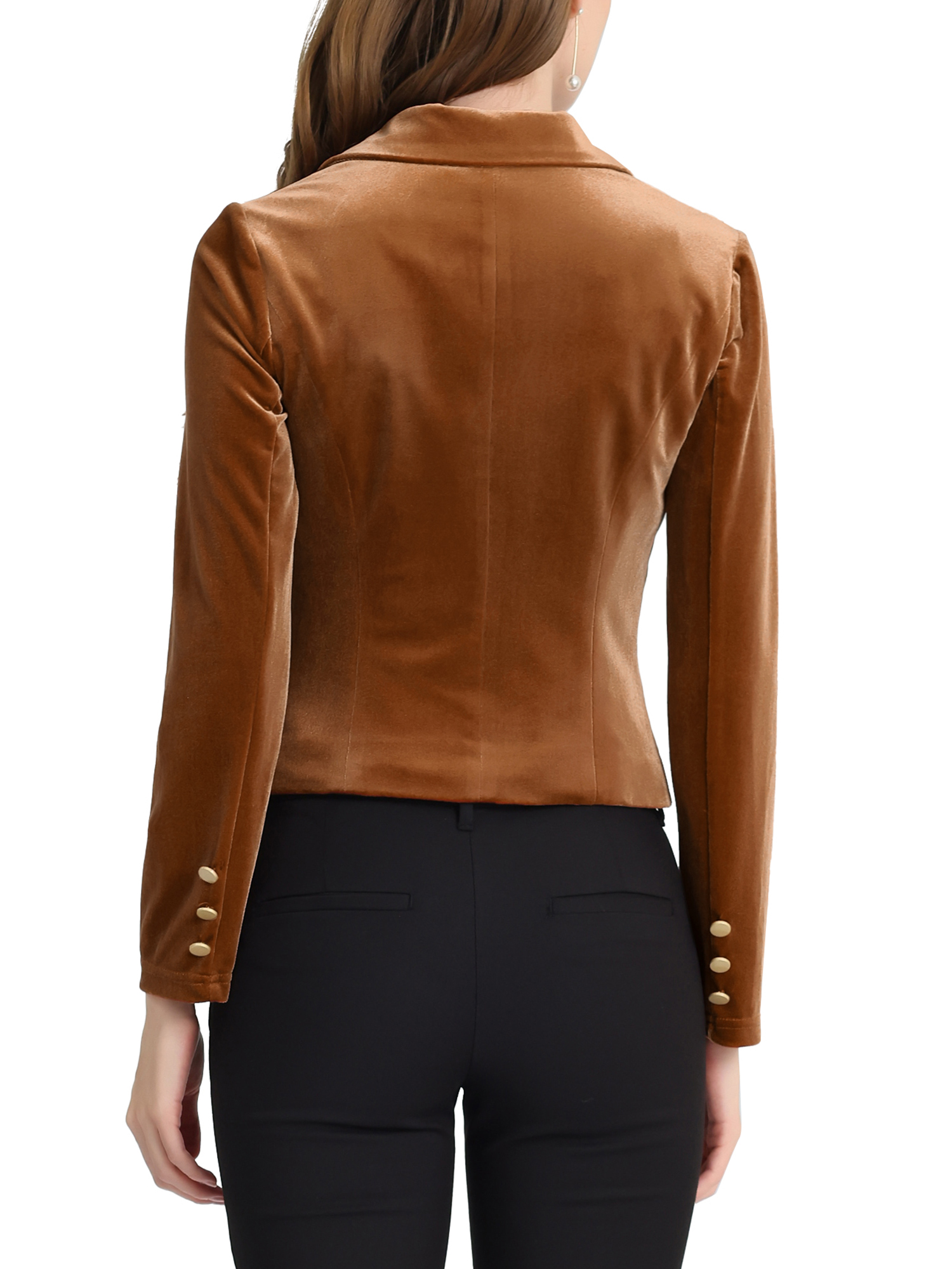 Unique Bargains Women's Button Front Velvet Blazer Lapel Office Crop Suit Jacket S Brown - image 3 of 6
