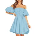 thumbnail image 1 of XINQIHANG Womens Mini Dress Summer Casual Puffy Sleeve Off Shoulder Elastic Waist Aline Flowy Ruffle Dresses, 1 of 7
