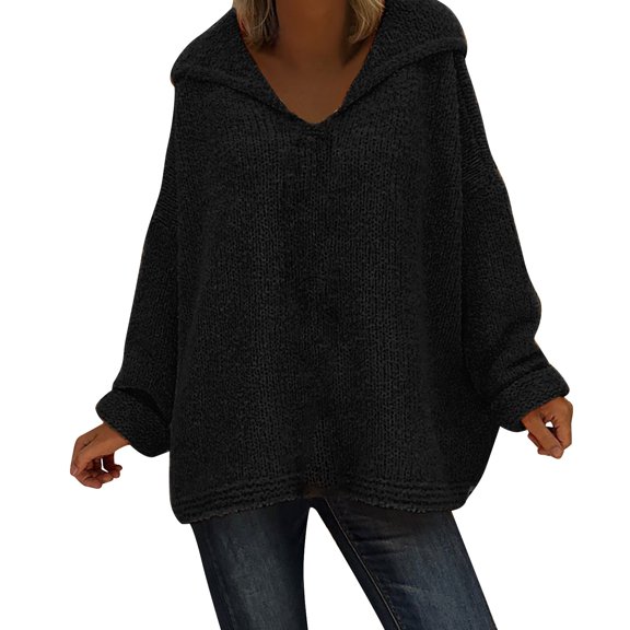 ManxiVoo Womens Casual Knitted Pullover Top with Hood Comfortable Loose Fit Sweater for Everyday Fall Fashion 2025 L Size Black