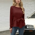 thumbnail image 2 of ZHYou Womens Belted Long Sleeve Sweatshirts,Crew Neck,Casual,Pullover Tops,with Waist Tie,Soft Tees,Wine,Size S, 2 of 6