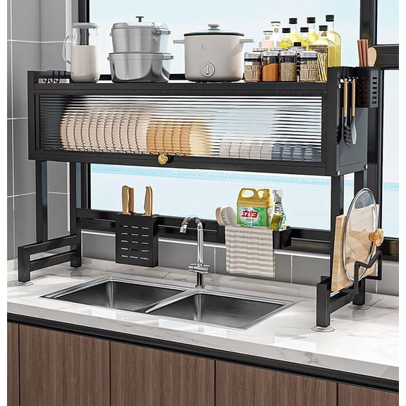 Over The Sink Dish Drying Rack, 3-Tier Dish Drying Rack with Cover, Large Sink Storage Organizer with Hooks and Clear Flip Door for Kitchen Counter, Black (41.3")