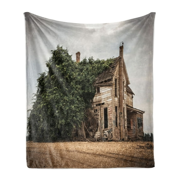Rustic Soft Flannel Fleece Throw Blanket, Historical House with Overgrown Oregon Ivy on Roof Field Nature Image, Cozy Plush for Indoor and Outdoor Use, 60" x 80", Beige Green, by Ambesonne