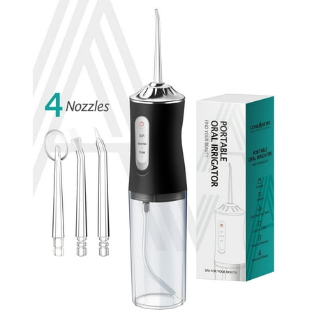 Gonramedo Water Dental Flosser Oral Irrigator with 3 Modes and 4 Jet Tips for Home Oral Care Rechargeable Portable Handheld Cordless Water Flosser for Teeth Cleaning Black Festivals Gifts
