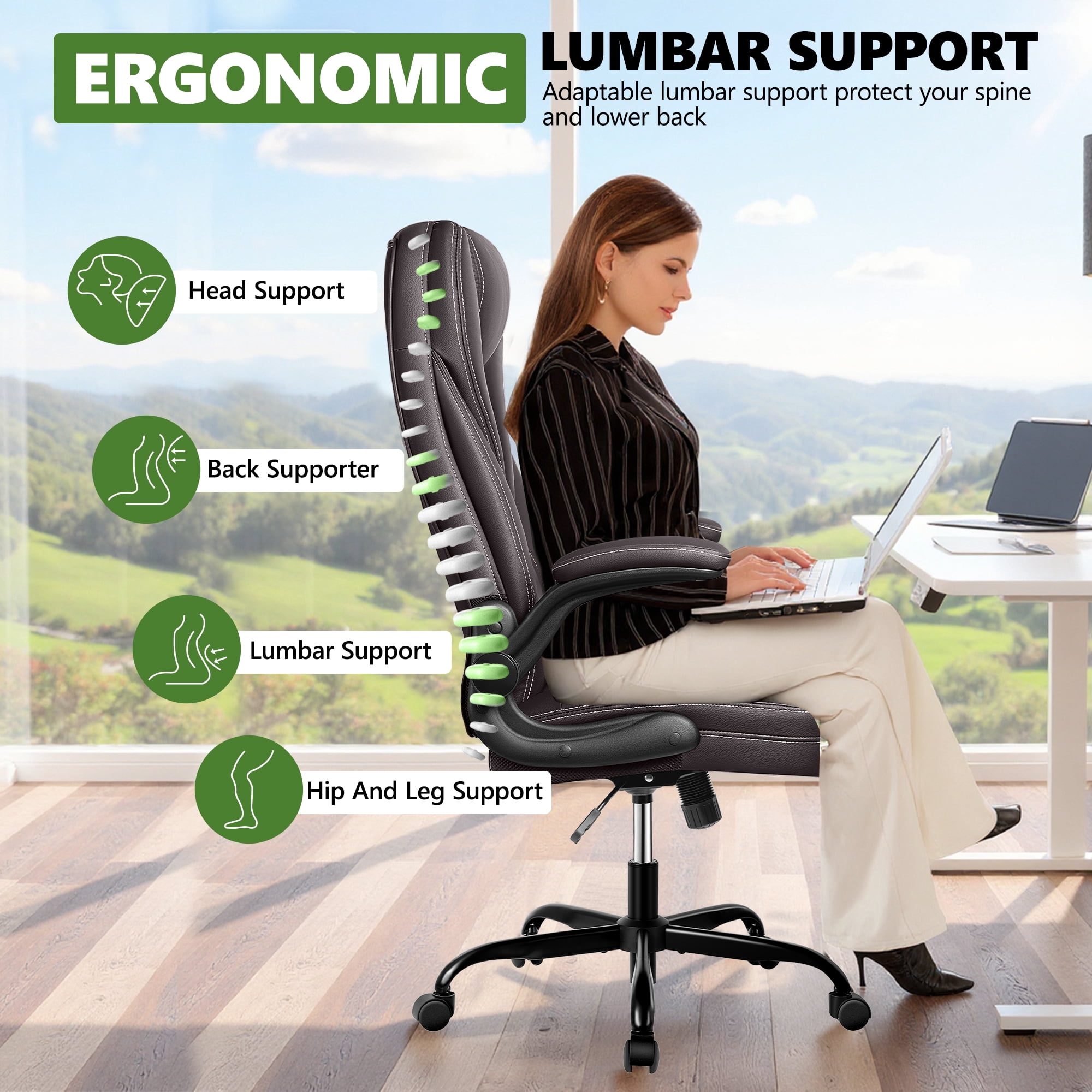 COOLHUT Big and Tall Office Chair, Executive Home Office Desk Chairs, Ergonomic Computer Faux Leather Desk Chair with Adjustable Flip-Up Arms, Lumbar Support Swivel Task Chair, Coffee