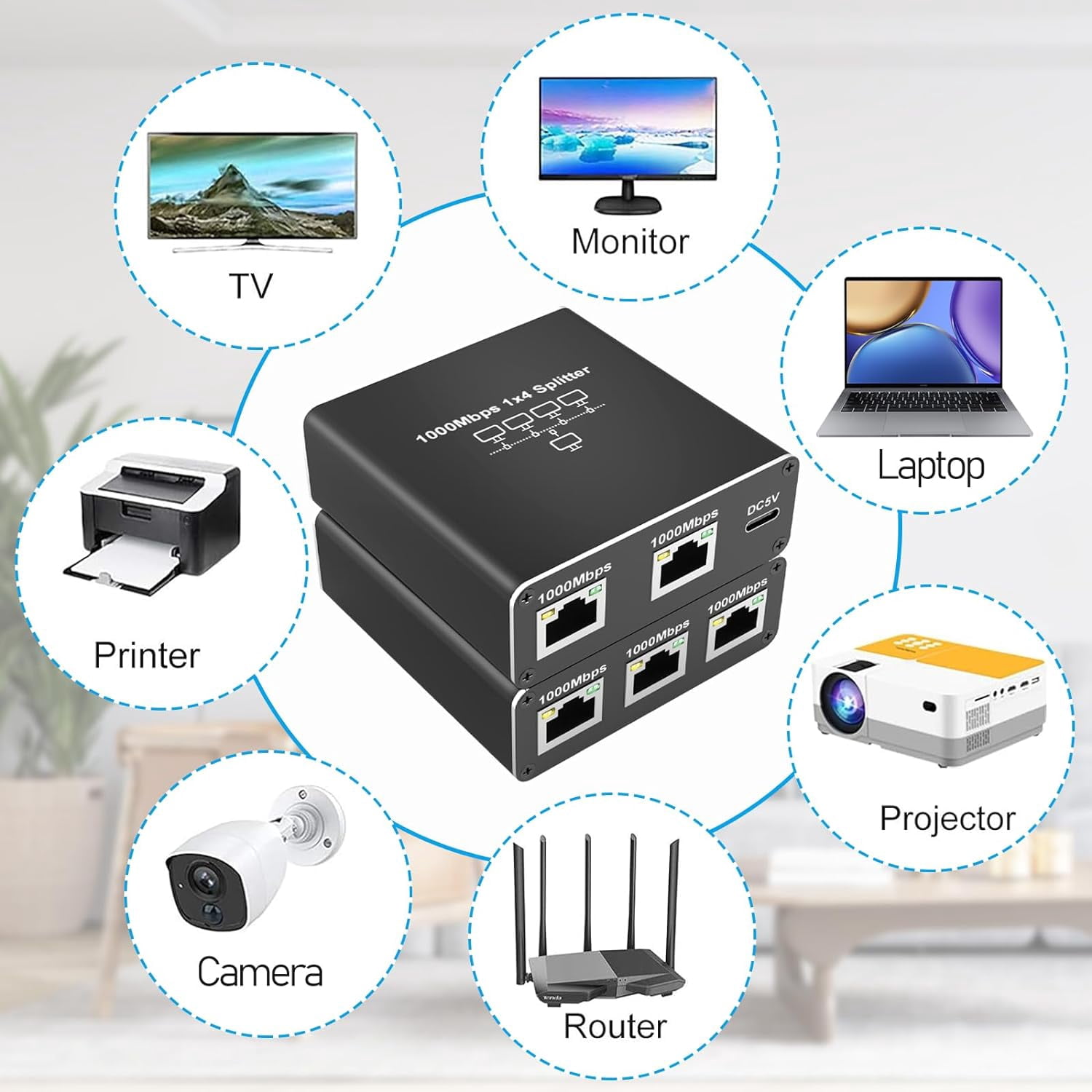AUBEAMTO 5 Port Gigabit Ethernet Switch with USB Power Cable, 1000Mbps Ethernet Splitter 1 to 4 Out [4 Devices Simultaneous Networking], Computer High Speed LAN Internet Splitter for Cat 5/5e/6/7/8