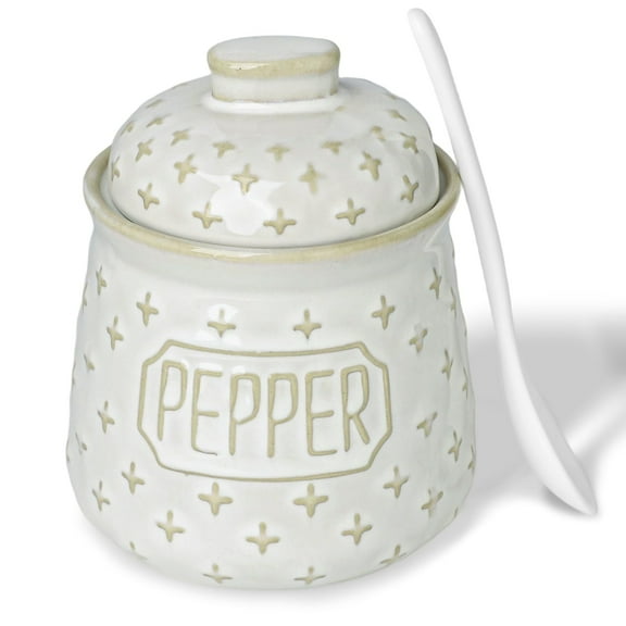 10 OZ Pepper Bowl with Lid and Spoon, Ceramic Spices Cellar for Kitchen Counter top, Farmhouse Kitchen Decor,Vintage White