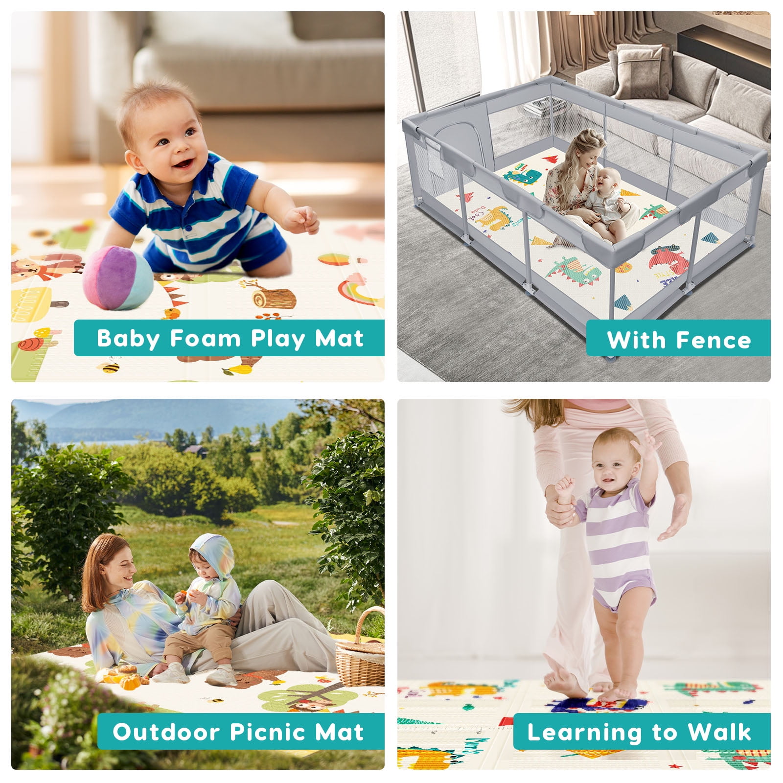 Foldable Baby Play Mat, Safe Foam 47x47 in Waterproof Cute Playmat - Main Image