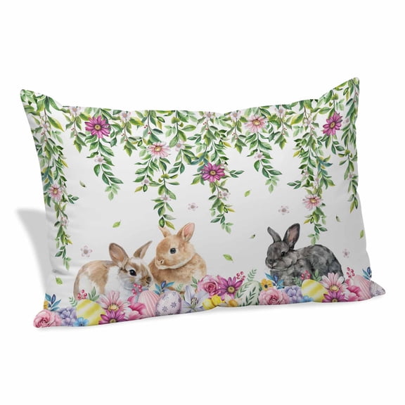 Happy Easter Pillow Covers, Linen Long Throw Pillow Case, Cutte Rabbits Eggs Floral Plants Watercolor Holiday Pillow Protector Decorative Cushion Cover for Living Room/Bedroom 20" x 26"