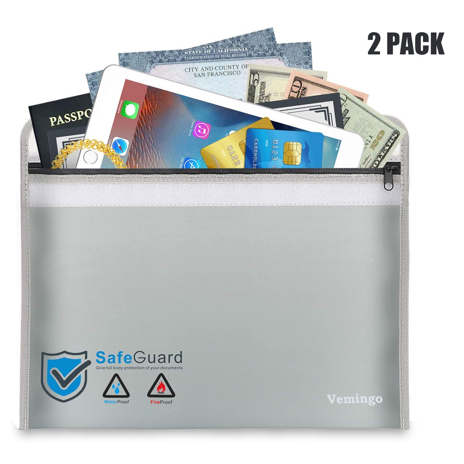 2-Pack Fireproof Money Bag Pouch Cash Passport Currency Fireproof Wallet Bag 