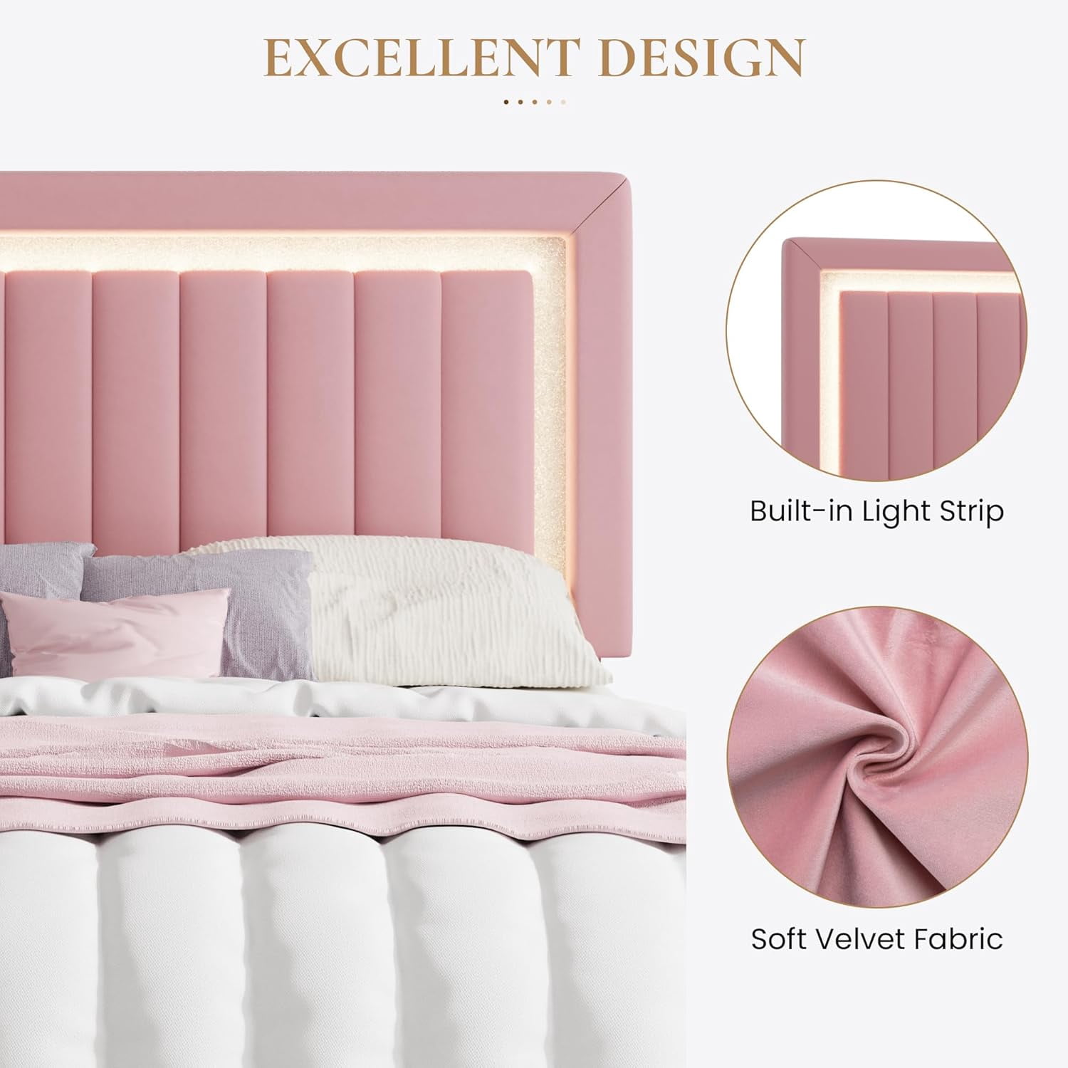 SHA CERLIN Queen Size Velvet Bed Frame with LED Light, Adjustable Vertical Channel Tufted Headboard, Strong Wooden Slats Support, Noise-Free, No Box Spring Needed, Pink