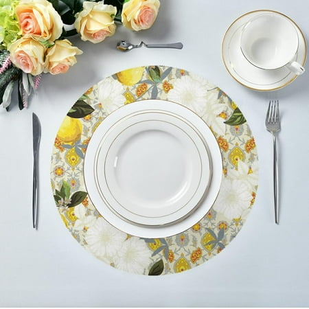 

Hidove Lemon Flower Pattern Round Placemats for Dining Table Non Slip Heat-Resistant Polyester Table Mats 6pcs Washable Table Mats for Kitchen Dining Table Decoration (276)