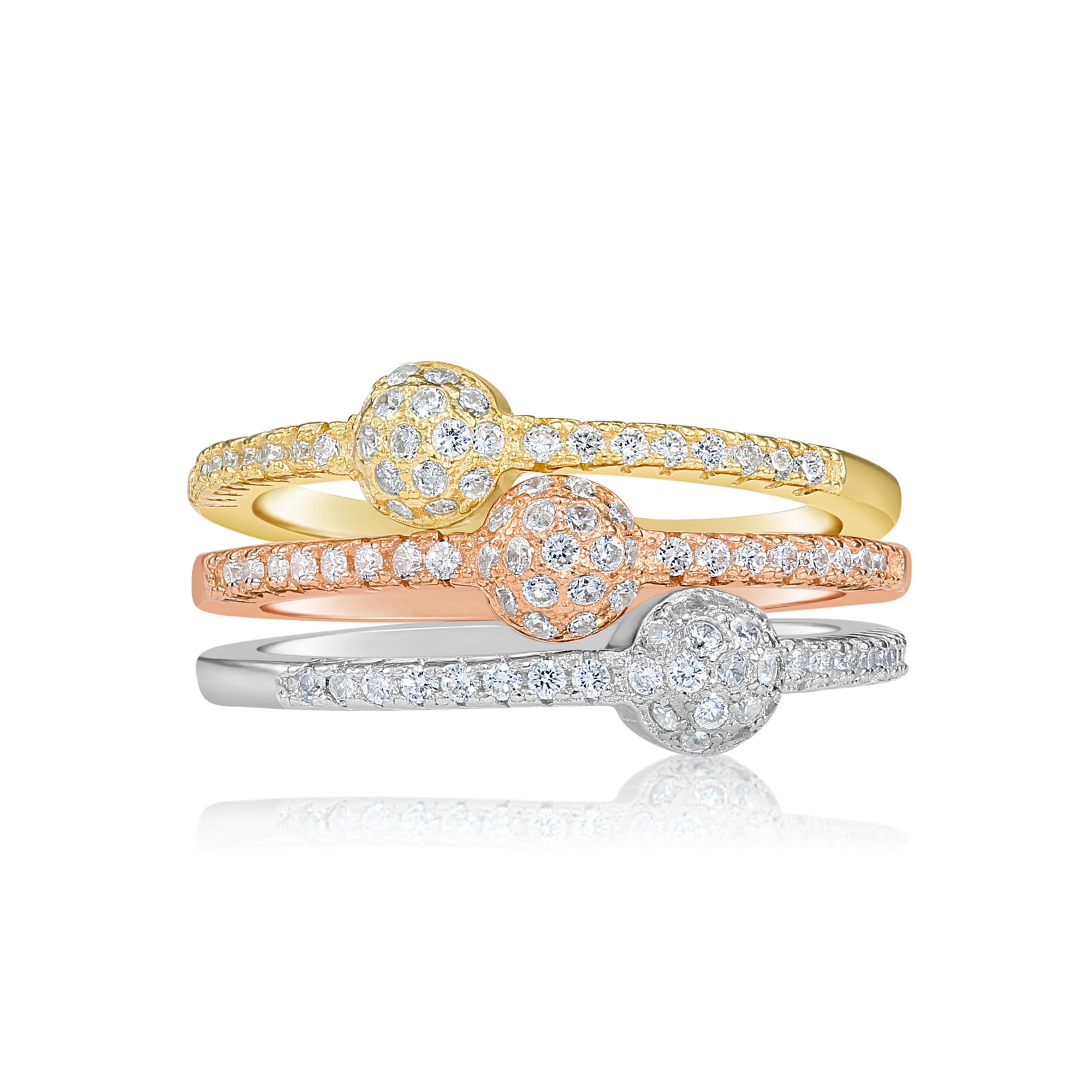 Tilo Jewelry .925 Sterling Silver Set of 3 Tri-Color Ball Rings with Cubic Zirconia CZ Stones | Size 5 | Women & Unisex