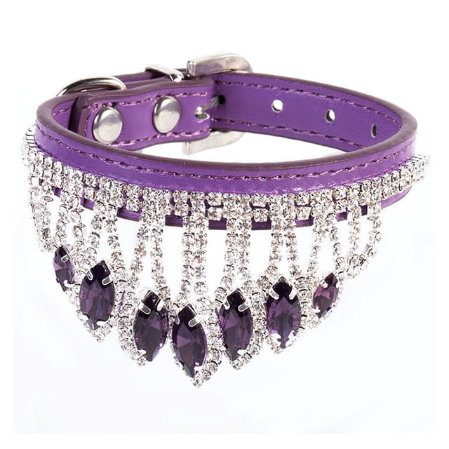 Collier Chat à Pompons en Cuir PU Réglable Collier Chaton Rétro Pierre Précieuse Accessoires pour Chien Chiot Violet