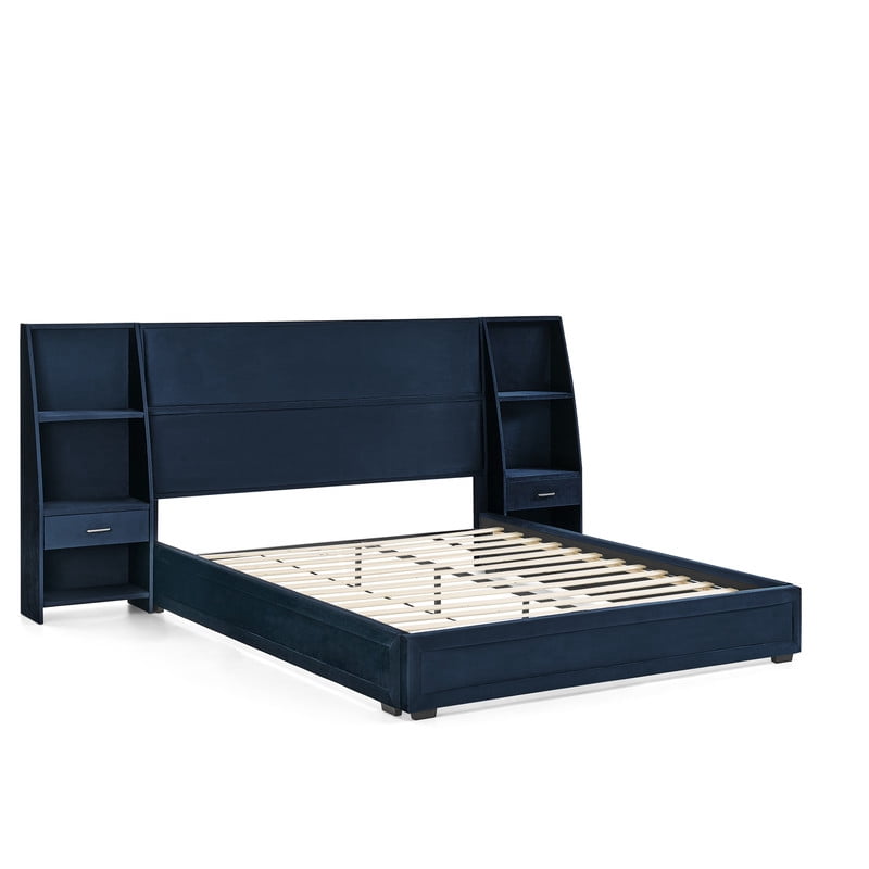 Queen/King Size Modern Upholstered Platform Bed Frame, Velvet Storage Bed with Headboard, Side Bookcases & Drawers Nightstand
