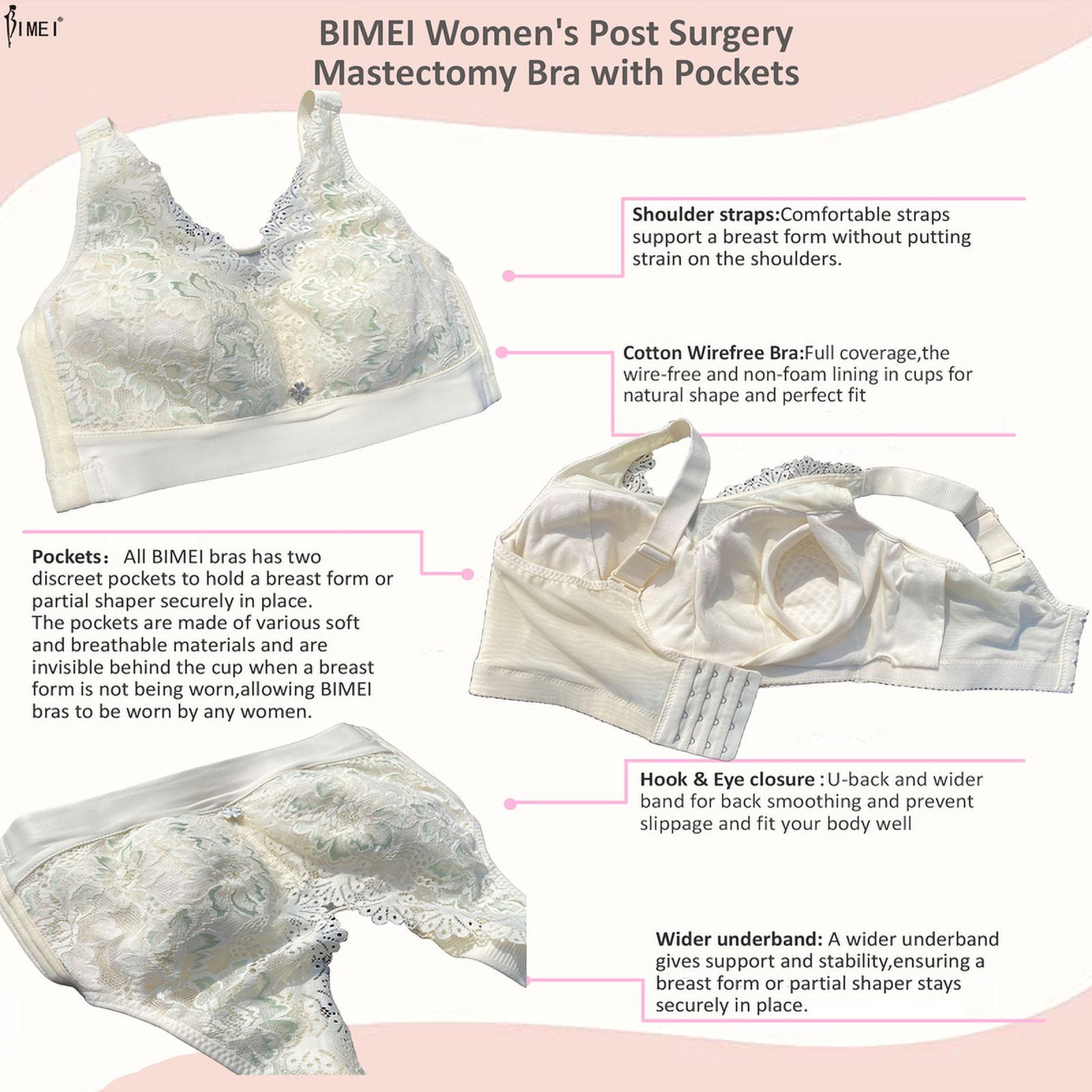 BIMEI Women Mastectomy Bra Breast Prosthesis with Pockets Wirefree Comfort Everyday Bra 2425,Beige,40B/C/D/E