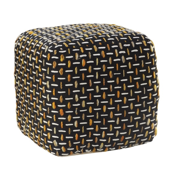 LR Home Medium Embroidered Geometric Indoor Square Pouf, Black/Yellow, 16" x 16" x 16"