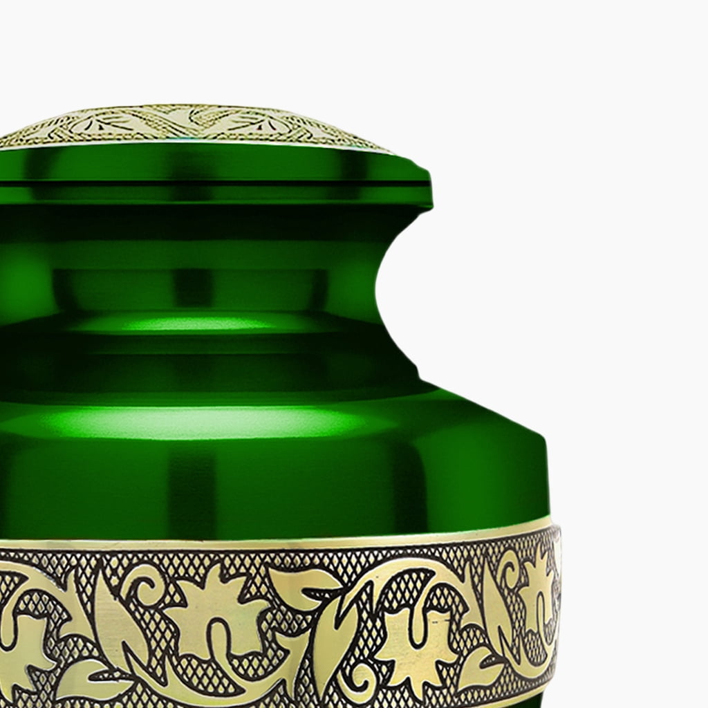 Set of 6 Green & Gold Grecian Cremation Urns for Cremation Ashes – 1 Large Adult Urn, 4 Keepsake Urns & 1 Necklace Urn, Handcrafted Memorial Tribute
