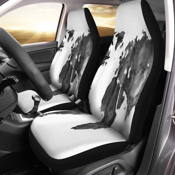 POGLIP Set of 2 Car Seat Covers Ink Map of The World Black Watercolor Drawing Globe Universal Auto Front Seats Protector Fits for Car,SUV Sedan,Truck