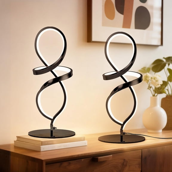Set of 2 Modern Black Table Lamps with LED Spiral Design, Bedside Lamp with Stepless Dimming Switch, Contemporary Nightstand Lamp for Bedroom, Living Room, Home Office