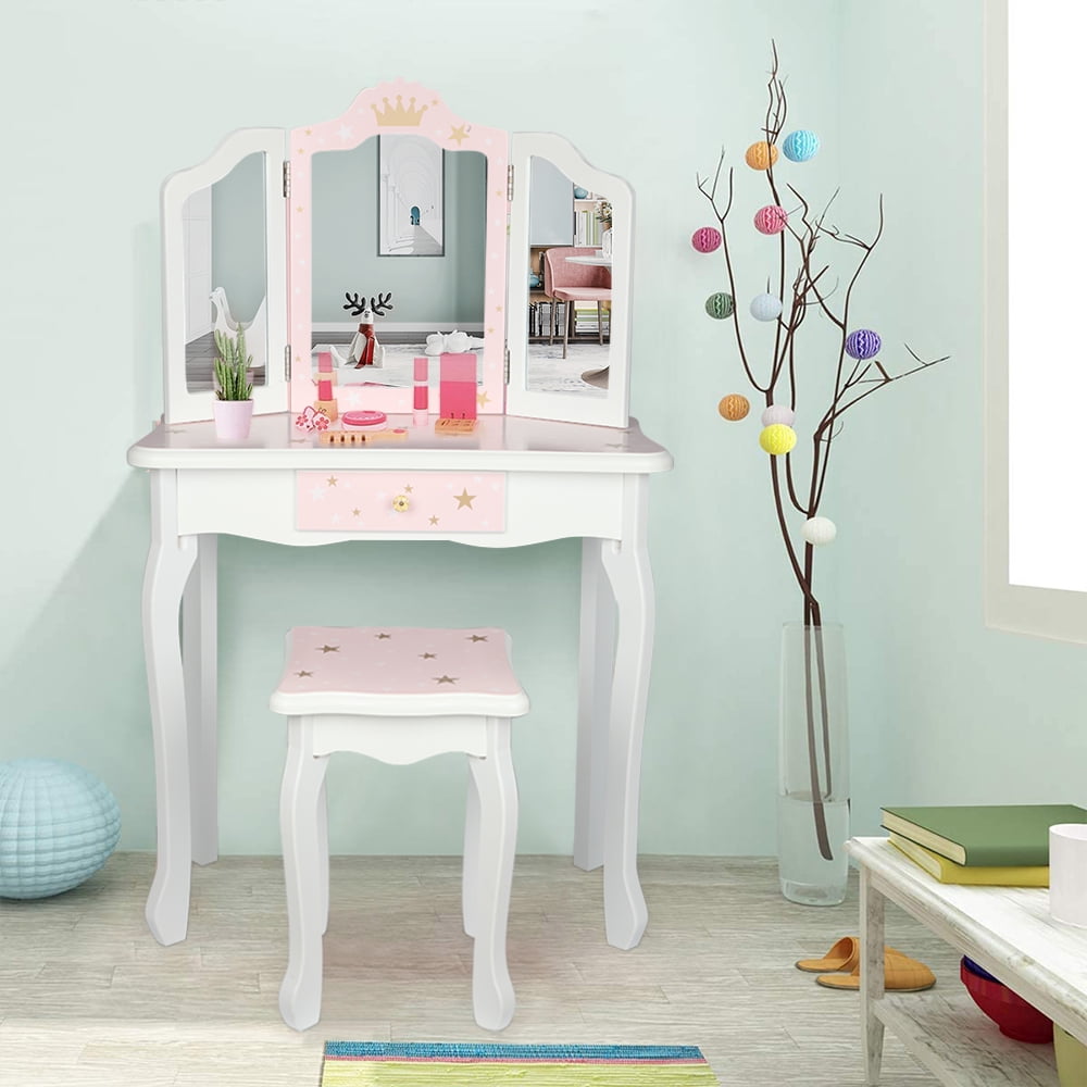 NEW GIRLS PINK DRESSING TABLE VANITY MIRROR PLAY SET TOY MAKE UP DESK 