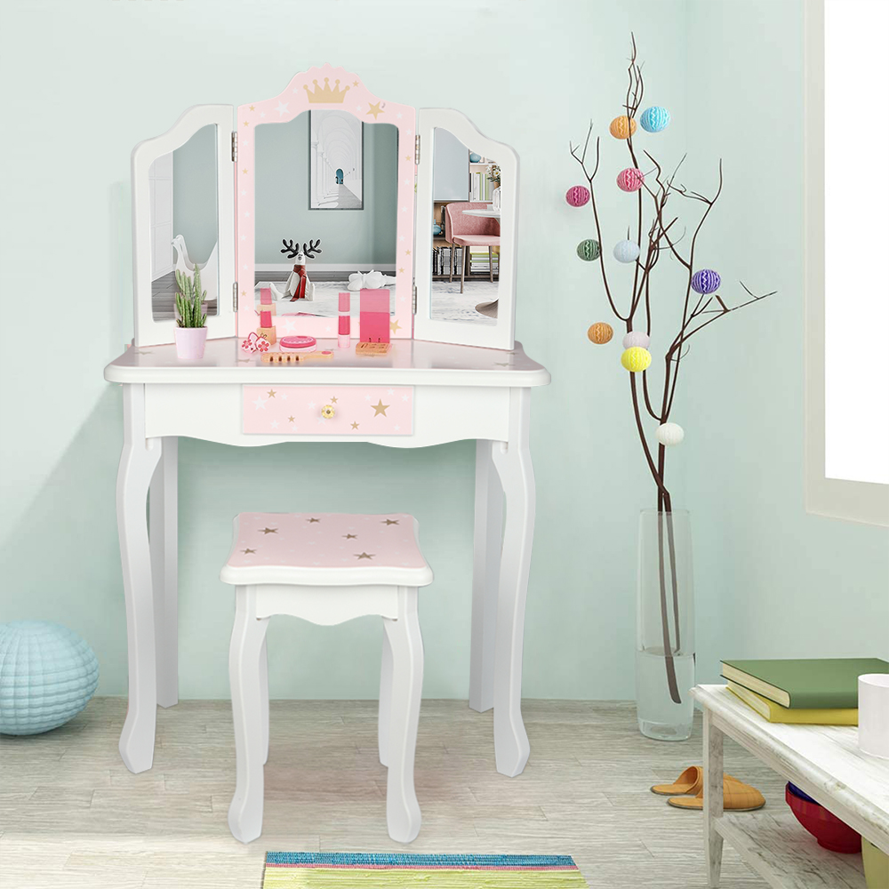 Pink Children's Vanity Table, Wooden Toy Makeup Vanity Set with Tri-Folding Mirror, Wood Dressing Table with Single Drawer, Storage Bedroom Furniture for Girls, Wood Make-Up Vanity Table Set, S6224 - image 1 of 8