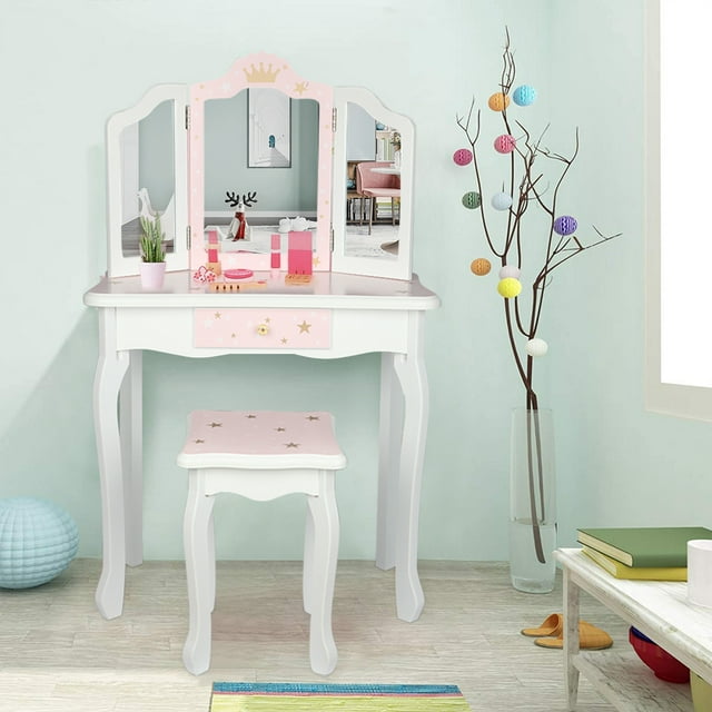 Pink Children's Vanity Table, Wooden Toy Makeup Vanity Set with Tri-Folding Mirror, Wood Dressing Table with Single Drawer, Storage Bedroom Furniture for Girls, Wood Make-Up Vanity Table Set, S6224
