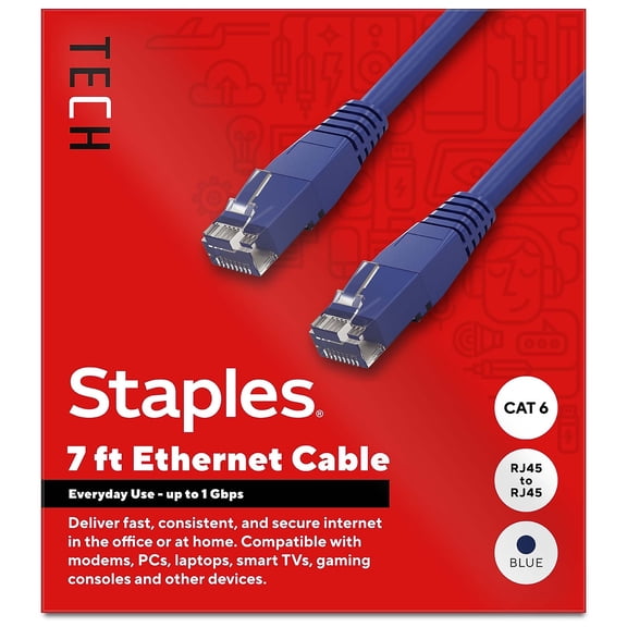 Staples TECH 7 ft. Cat-6 Ethernet Cable Male to Male Blue (ST62454)