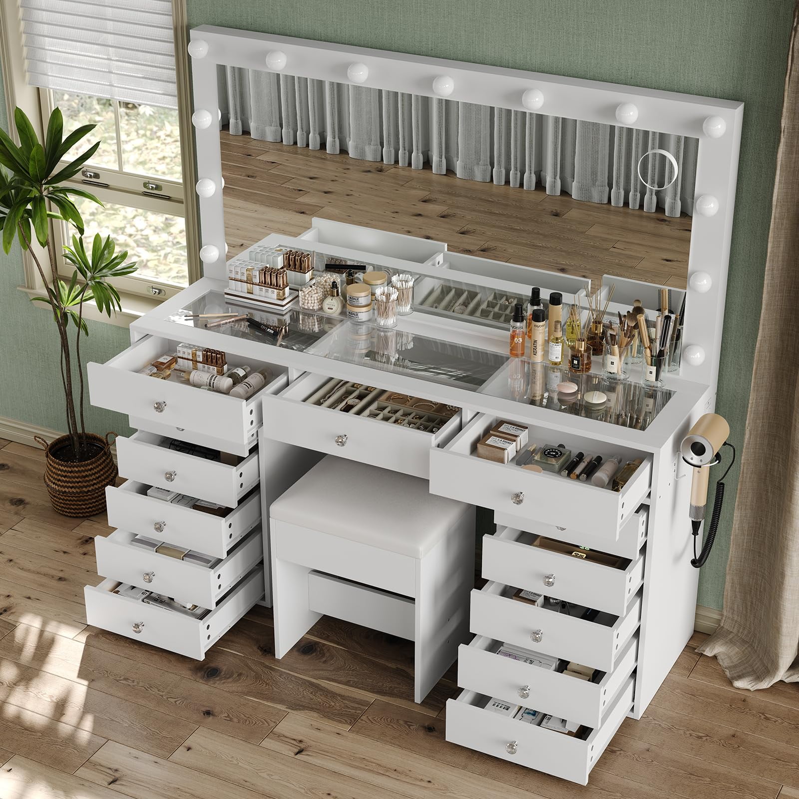 FUSOU 13 Drawers Vanity Desk, Makeup Vanity with Power Outlet, Vanity Table with Mirror and LED Bulbs, 3 Color Lighting Modes, Glass Top, Dressing Table for Bedroom