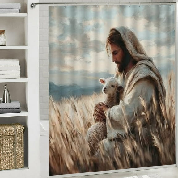 RKSupls Christmas Shower Curtain, Jesus Lamb Shower Curtain with Hooks for Christmas Home Bathroom Decor Washable Curtains, 72x72 in