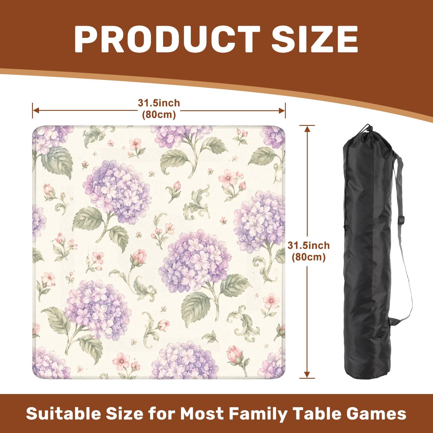 Mahjong Mat 31.5" x 31.5" Vintage Botanical Purple Hydrangeas Pink Flowers Beige Non-Slip Noise Reduction American Mahjong Tiles Table Cover for Dominoes Poker Card Board Games Gift