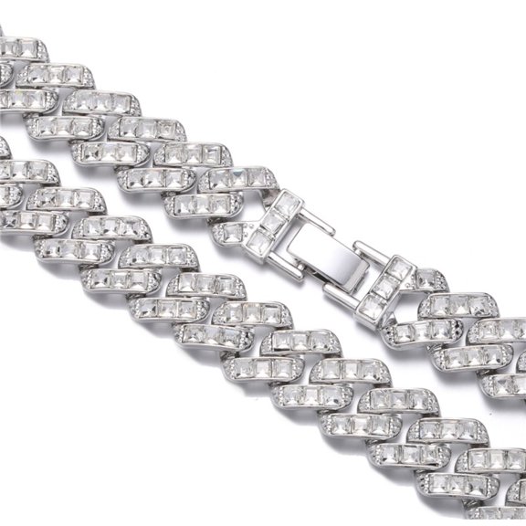 FEEL STYLE Male Large Square Zircon Silver Plated Cuban Chain Bracelet for Men Women 7"
