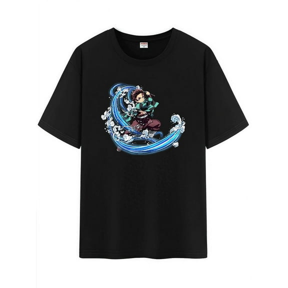 Qingyee Unisex Anime Tanjirou Water Breathing Pattern Cotton T-Shirt,Demon Slayer Short Sleeve Tee Shirt
