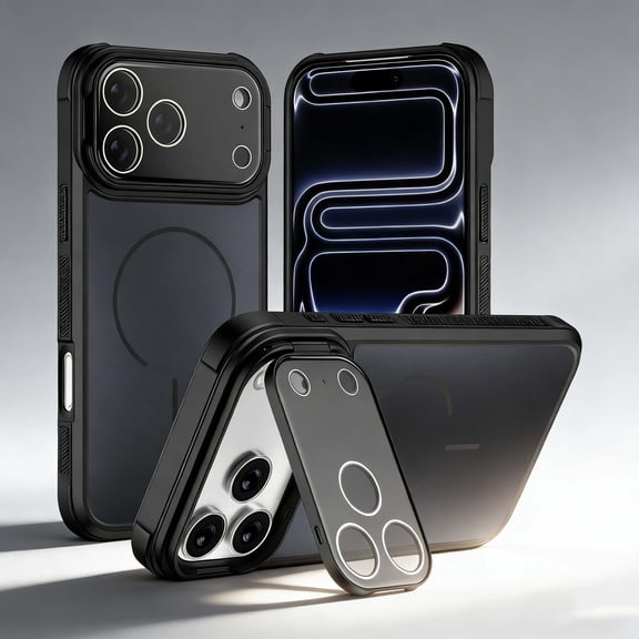 For iPhone 18 Pro Max Phone Case,Compatible with Mag-Safe,With Flip Camera Lens Peotector Kickstand,Heavy Duty Shockproof Anti-fall Drop Protection,Matte Anti-Scratch Phone Case,Black