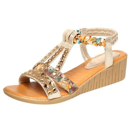 

Fsqjgq Rhinestone Platform Sandals for Women Women s Ladies Summer Bling Wedges Beach Shoes Roman Sandals Womens Fashion Flat Sandals Gold 40