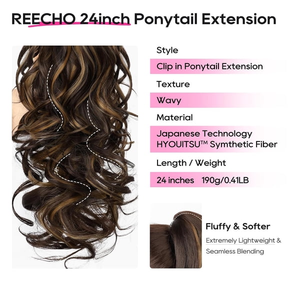 WEIF-Ponytail Extension, 24" Claw Clip in Long Curly Wavy Ponytail Hair Extension Jaw Clip on Pony Tails Hairpiece for Women - Dark Brown with Highlights