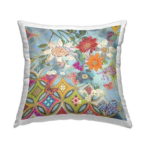 Stupell Industries Blue Hummingbird Bold Florals Square Decorative Printed Throw Pillow, 18 x 18,