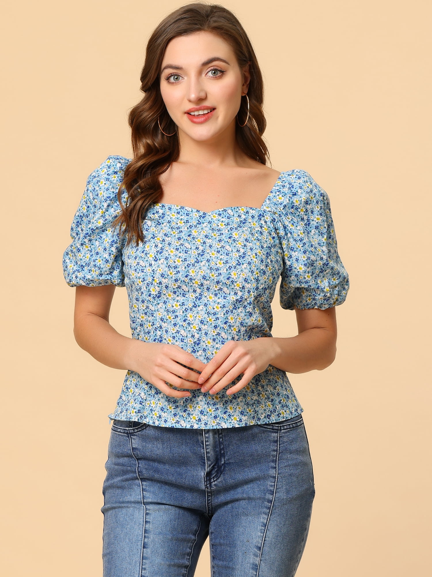 DARING DIVA Puff Sleeve Sweetheart Neck Smocked Floral Top L Blue