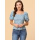 thumbnail image 2 of Tops Florales Estilo Campesino Con Mangas Abullonadas Y Cuello En Forma De Corazón De Pradera Para Mujer Azul M, 2 of 4