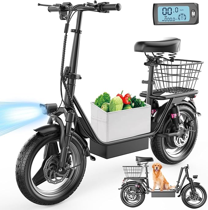 ASKGO K10 Electric Scooter with Seat,1200W Peak Motor 48V 15AH Commuter Scooter, 25Mph Escooter with basket (Removable),UL2722,Grocery Ebike, shopping Ebike, pet Ebike
