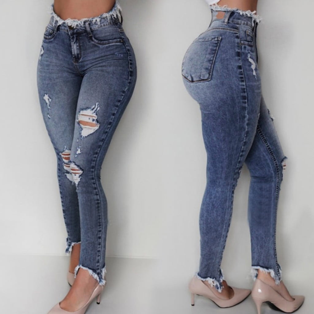RT5YKing Women Fashion Jeans Casual Jeans Slim Fit Female Ripped Fringe ...