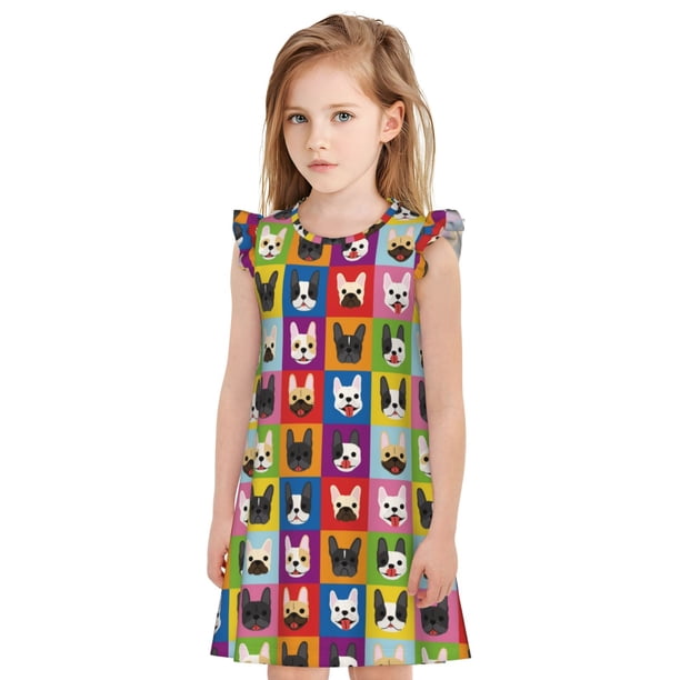 Balery Colorful Bulldog Camisón de princesa para niñas, pijama de algodón con mangas abullonadas, suave y bonito.-X-Large