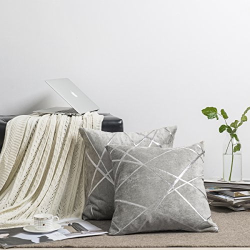 GIGIZAZA Decorative Grey Throw Pillow Covers 18 x 18 Sofa Thick Silver Stripe Chenille Cushion Pillow Covers Square Luxury Pillows 2 Set Silver Grey