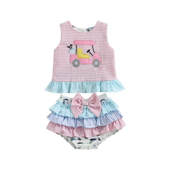 BemeyourBBs Toddler Baby Girl Golf Outfit Cute Infant Baby Girls Summer Clothes Golf Cart Embroidery Stripe Print Ruffled Tank Tops with Tiered Skirt Shorts 2Pcs Set
