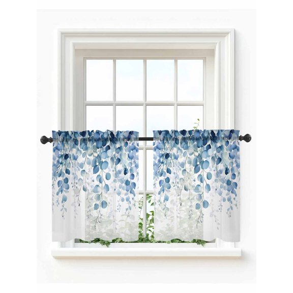 Blue Eucalyptus Leaves Tier Curtains 36 Inch Length,Sheer Curtains for Bedroom Living Room Window,Summer Botanical Weeping Rod Pocket Voile Drapes Kitchen Curtains for Small Window 27.5"x36" 2 Panels